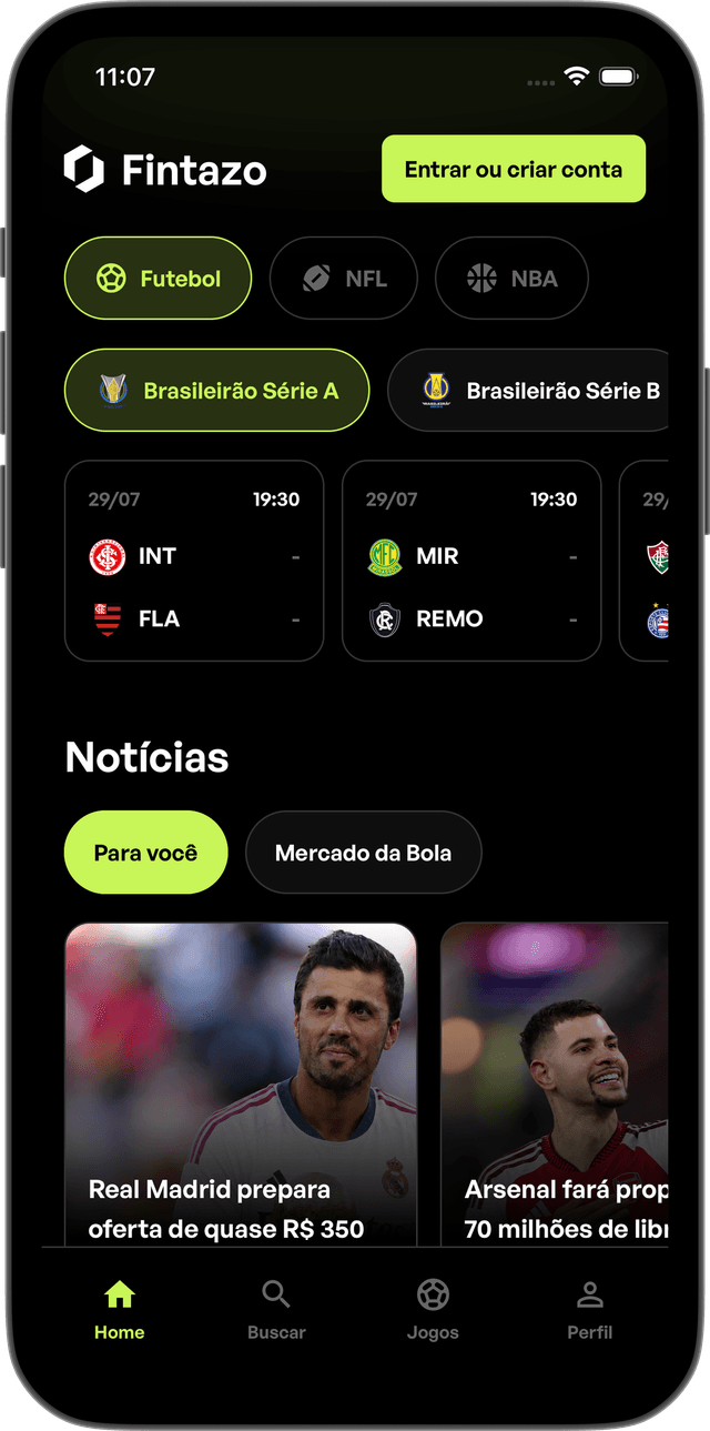 Tela inicial do app Fintazo com placares ao vivo e notícias