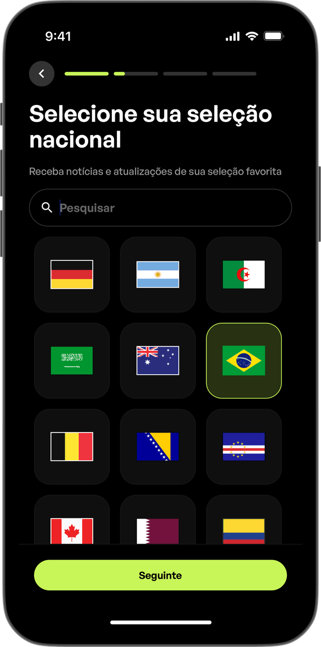 Escolhe sua seleção nacional.